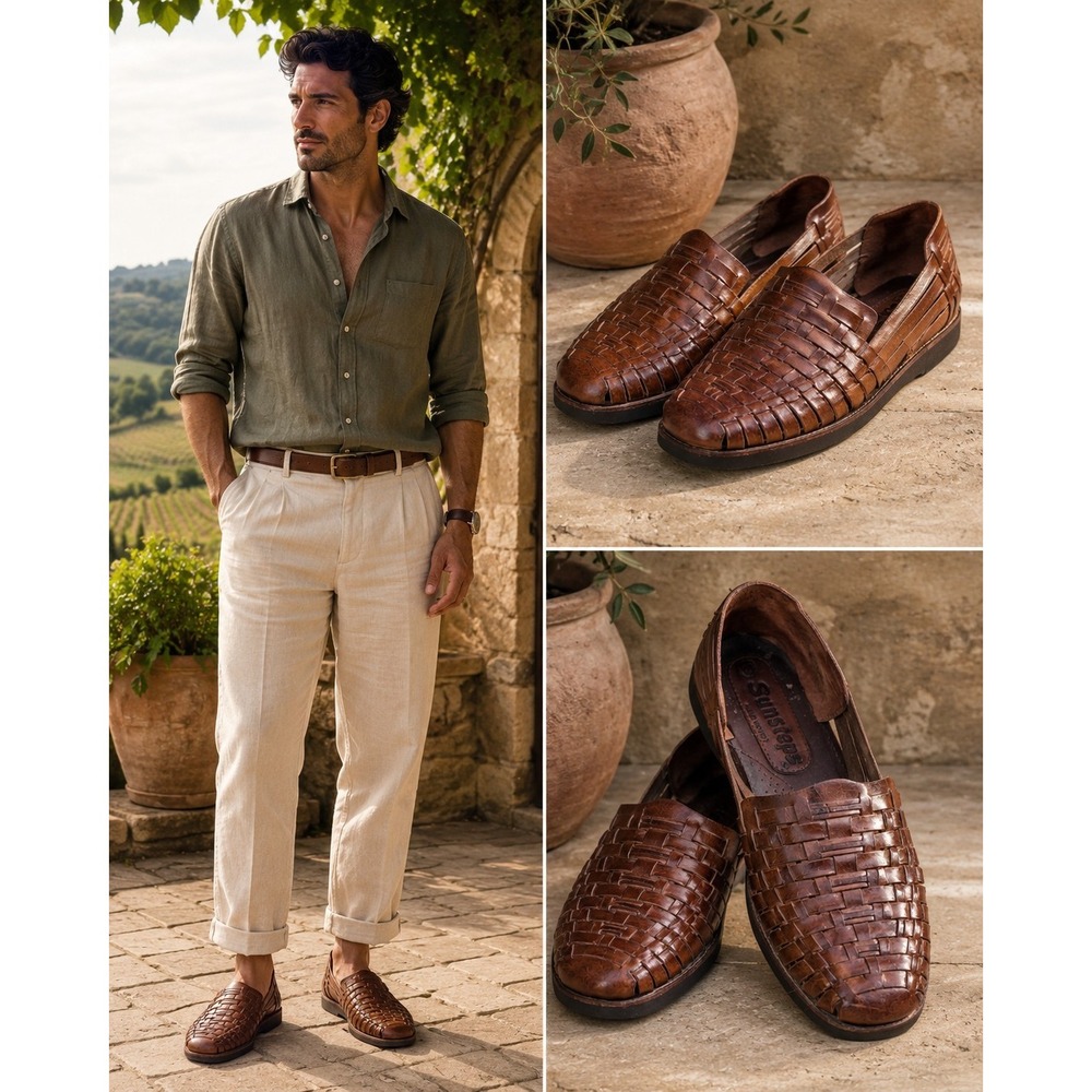 Sunsteps Mens Huarache Sandals Size 10 Brown Woven Leather Made in India